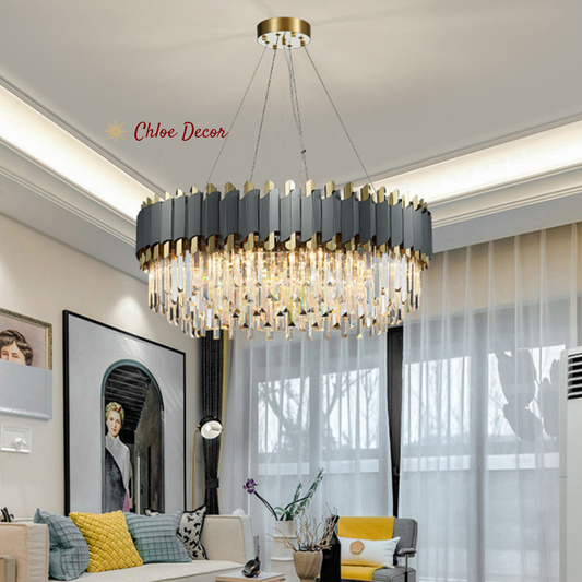 Nordic Luxury Gray and Gold Round Crystal Chandelier