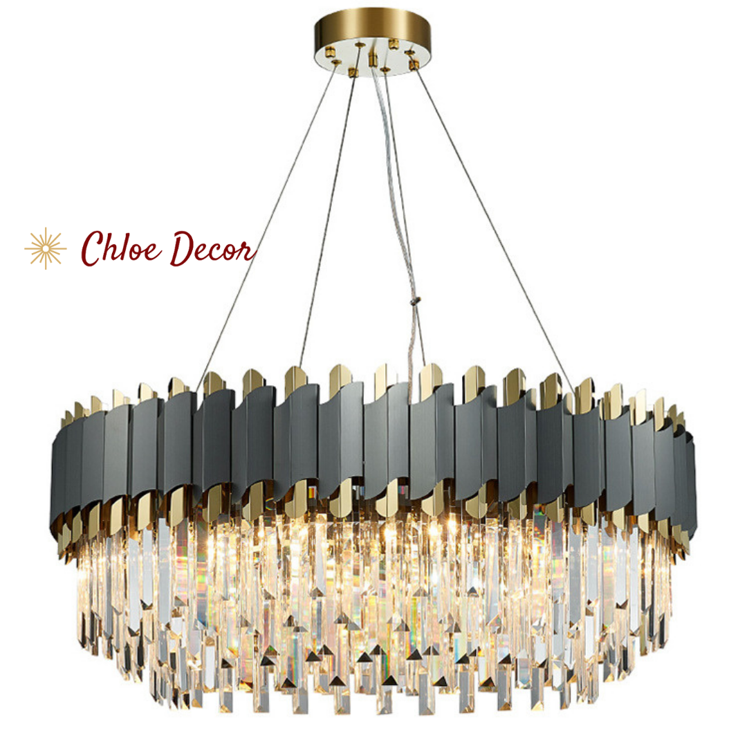 Nordic Luxury Gray and Gold Round Crystal Chandelier