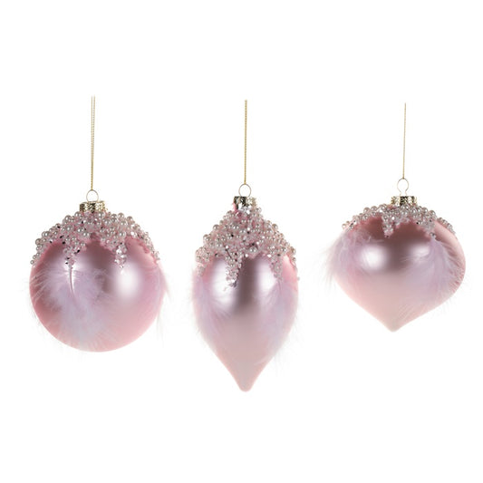 GLASS PEARL PINK BAUBLES WITH FEATHER 10CM GOODWILL COLLECTION