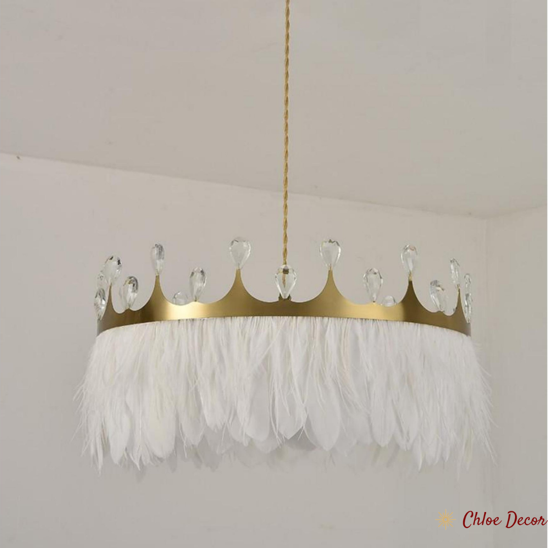 White and Gold Feather Crown Chandelier