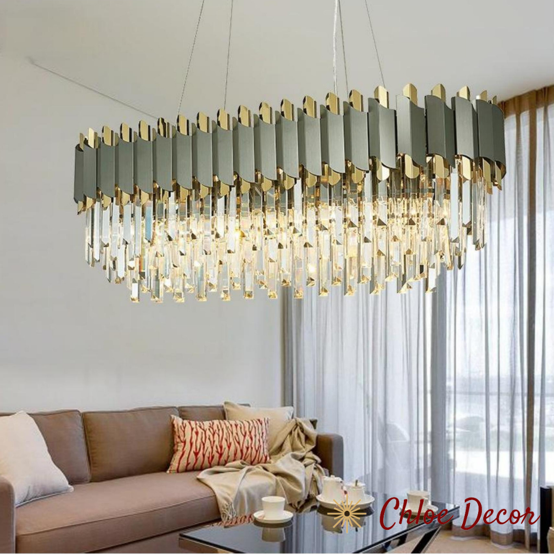 Nordic Luxury Gray and Gold Rectangle Crystal Chandelier