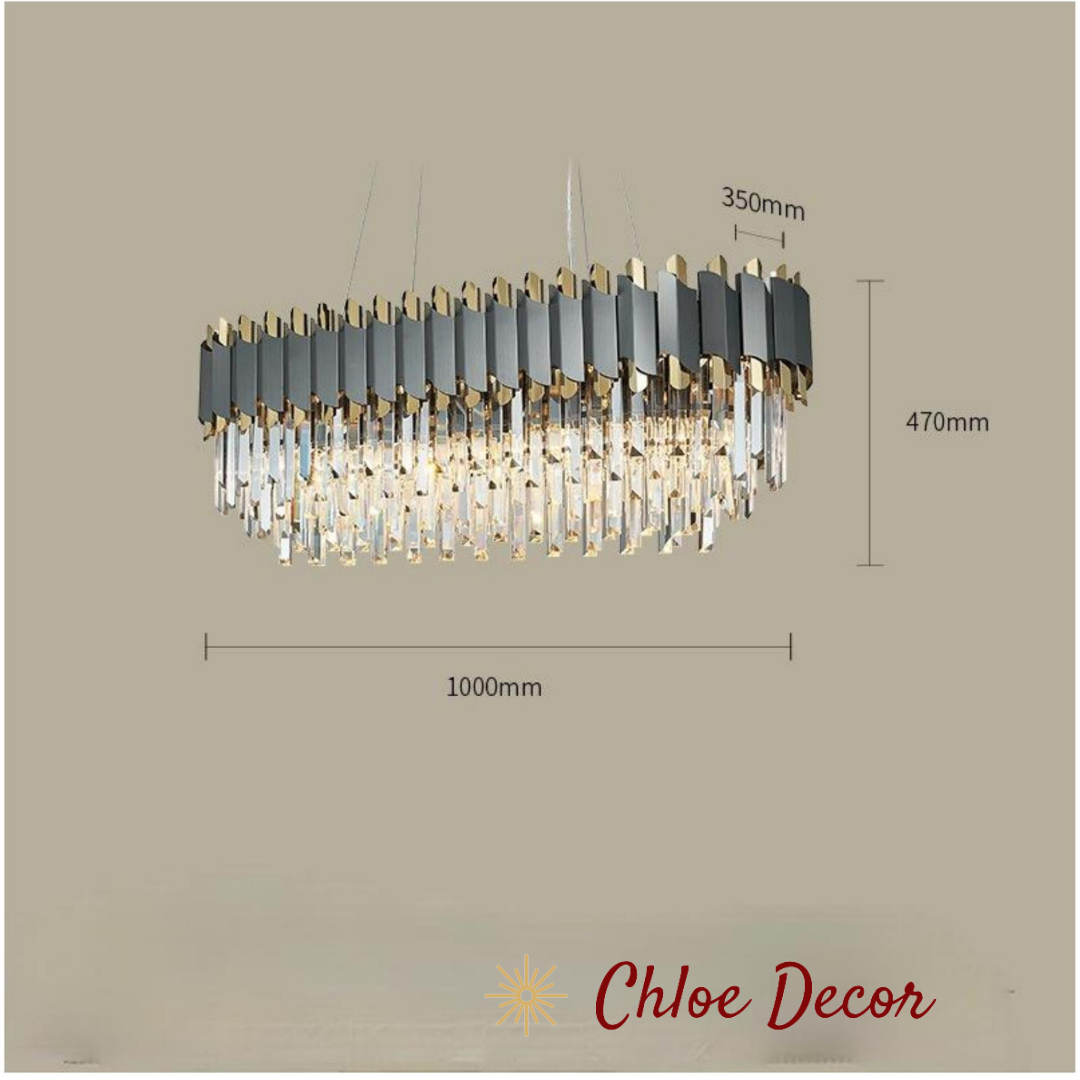 Nordic Luxury Gray and Gold Rectangle Crystal Chandelier